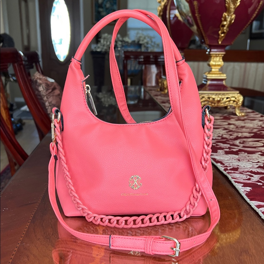 NWOT Christian Lacroix Coral Hard Handle & Crossbody Bag With Chain Accent